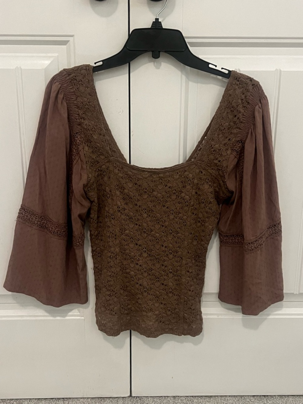Buckle Boho Crochet Knit Brown Square-Neck Top